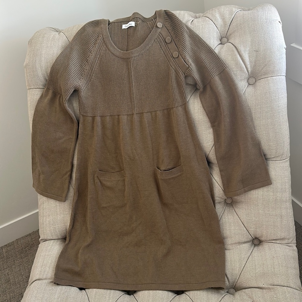 Sweater knit Calvin Klein long sleeve sweater dress in a soft brown.